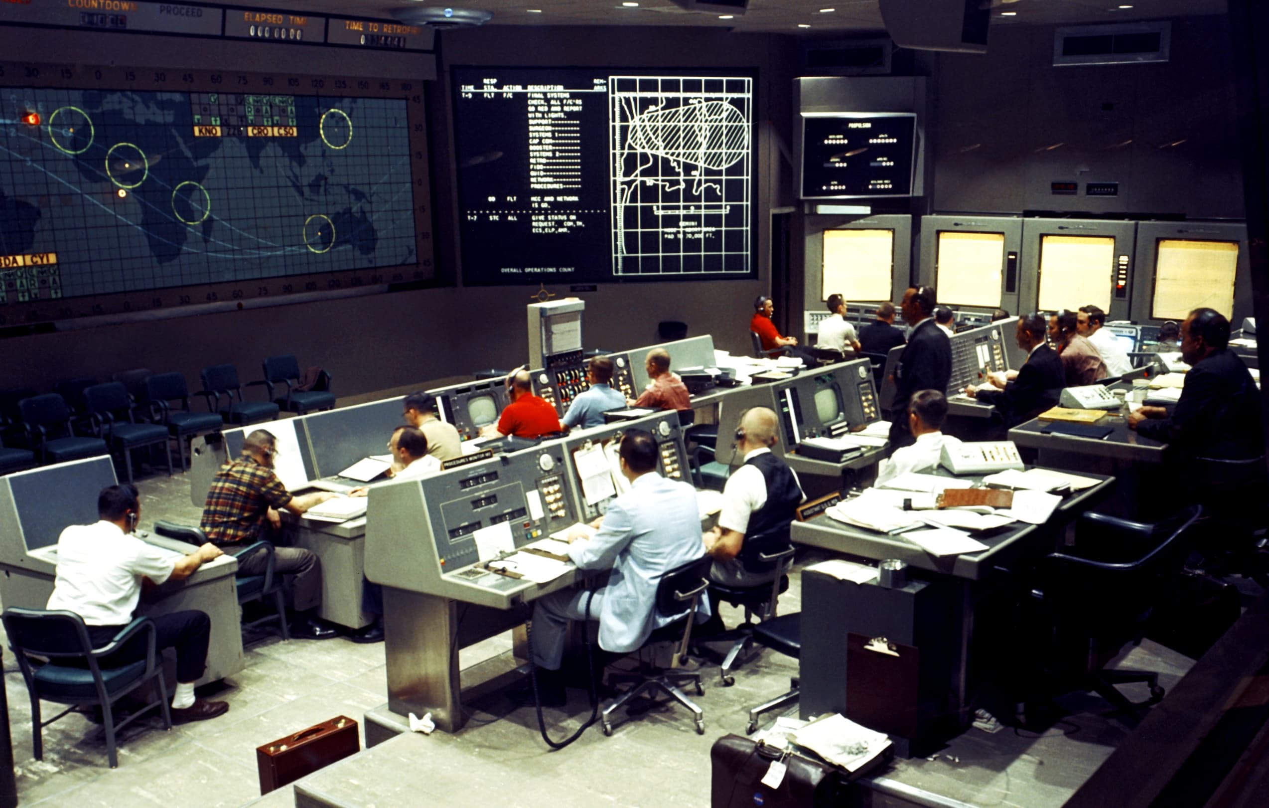Apollo era Mission Control Center during the Gemini I mission: dozens of operators watching live telemetry. A system that only worked because people were paying attention.